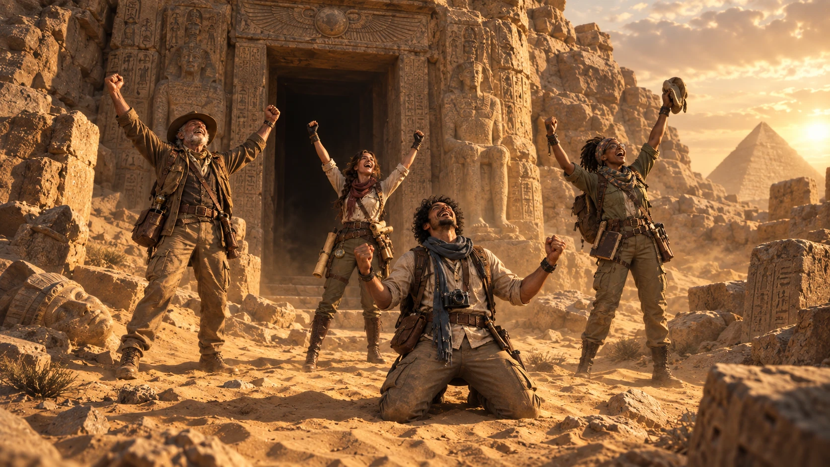 A team of explorers cheering outside the tomb entrance at sunset