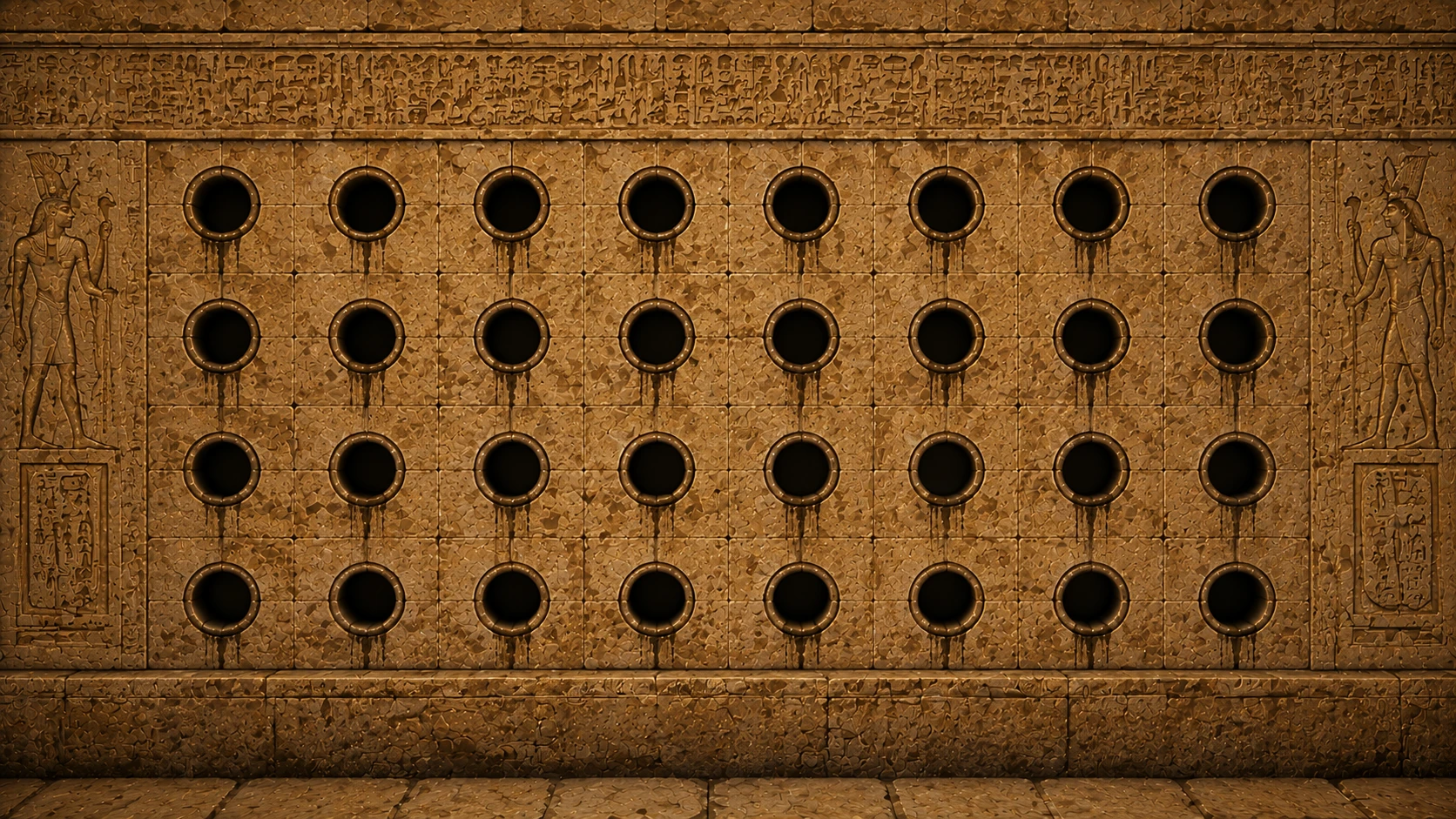 A stone wall of 32 dark holes, four rows of eight, stained beneath each one