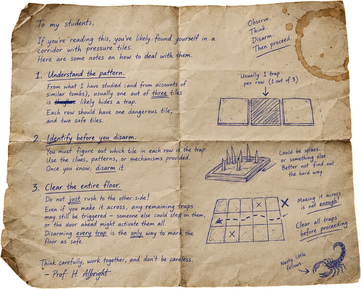 A handwritten note from Prof. H. Albright explaining how to identify and disarm the pressure-tile traps