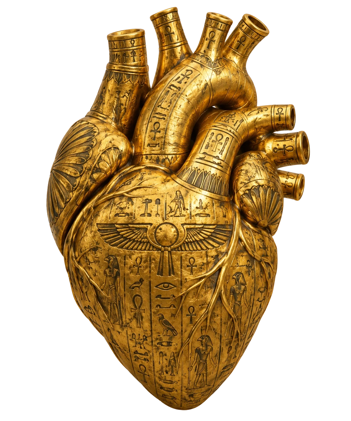 A golden heart, engraved with hieroglyphs