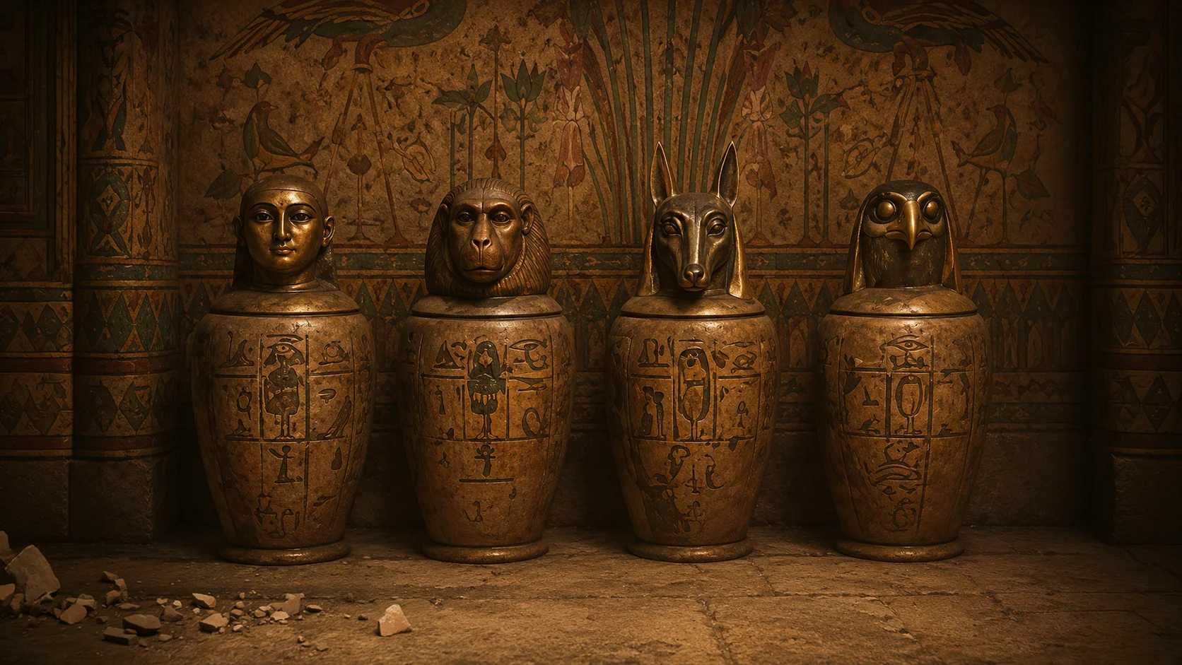 Four canopic jars set into a hieroglyph-covered wall