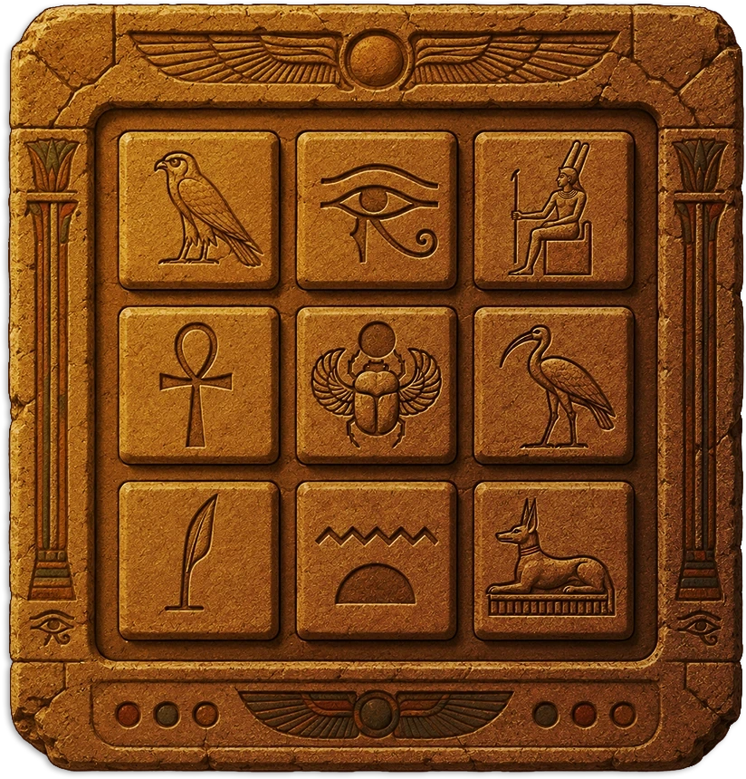A stone touchpad panel with 9 carved hieroglyph buttons in a 3x3 grid