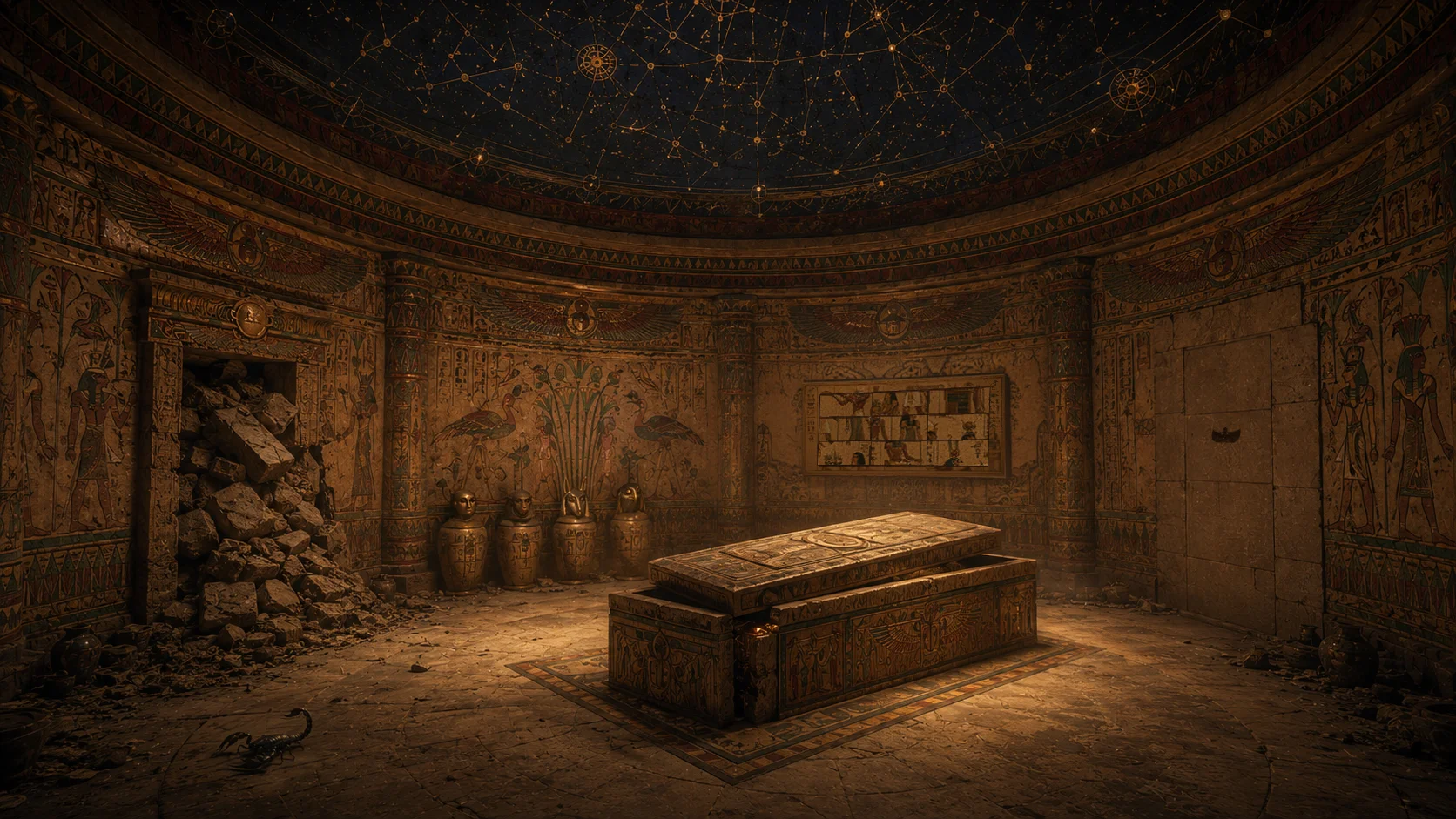 A domed burial chamber, its walls painted with hieroglyphs, an open sarcophagus at its center.