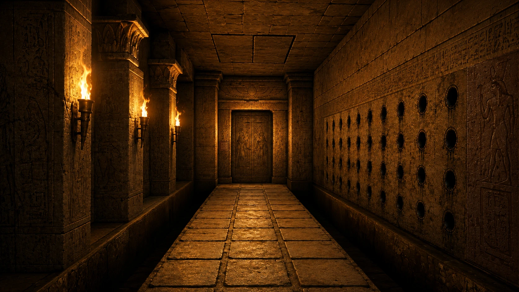 A torch-lit stone corridor leading to a carved double door, with a tiled floor path and a wall of dark niches on the right.