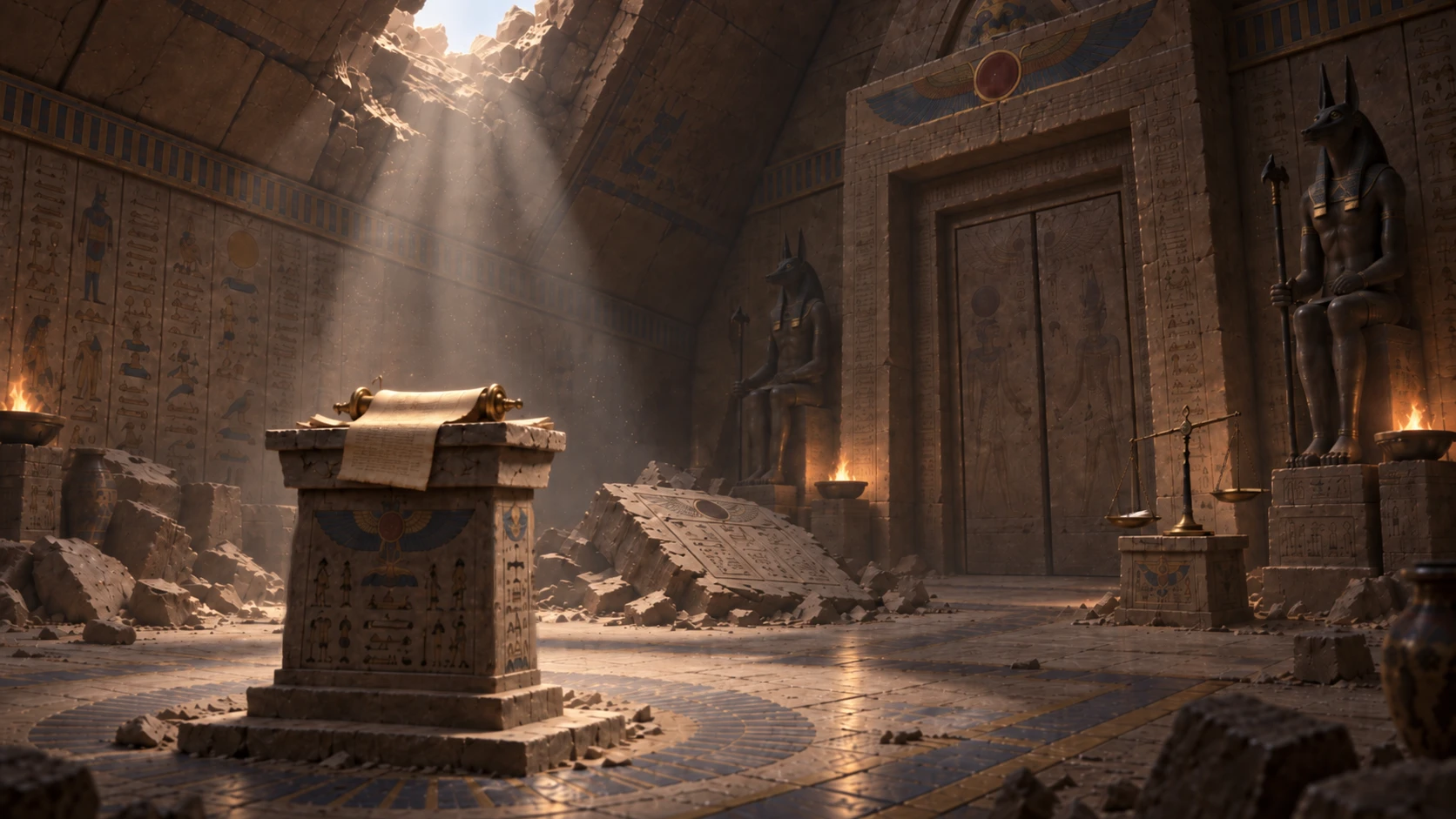 A collapsed temple chamber: a stone podium holding a torn scroll, a fallen carved slab, a golden scale on a pedestal, sunlight through a shattered ceiling, and a sealed double door.