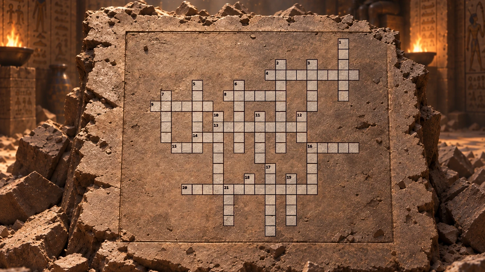 A stone tablet carved with an empty crossword grid