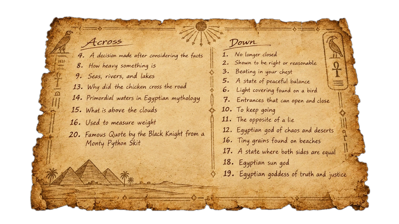 A list of across and down clues for the crossword