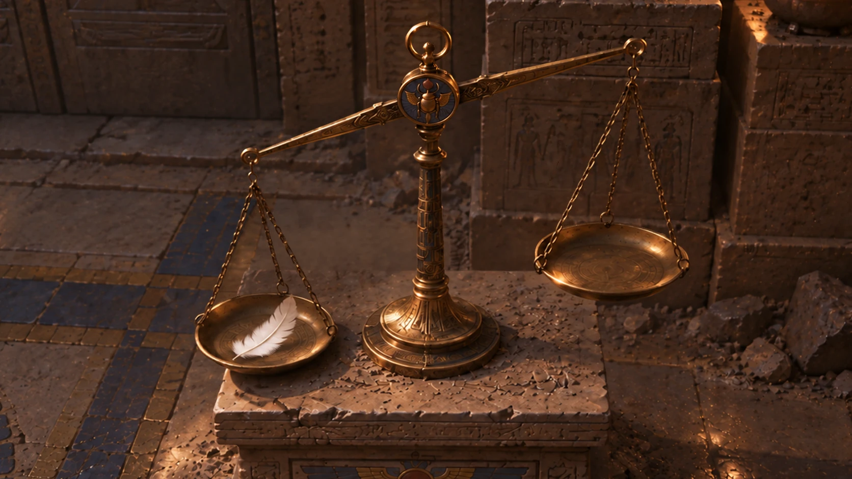 An ornate golden scale on a pedestal, a white feather resting in one pan, the other pan empty
