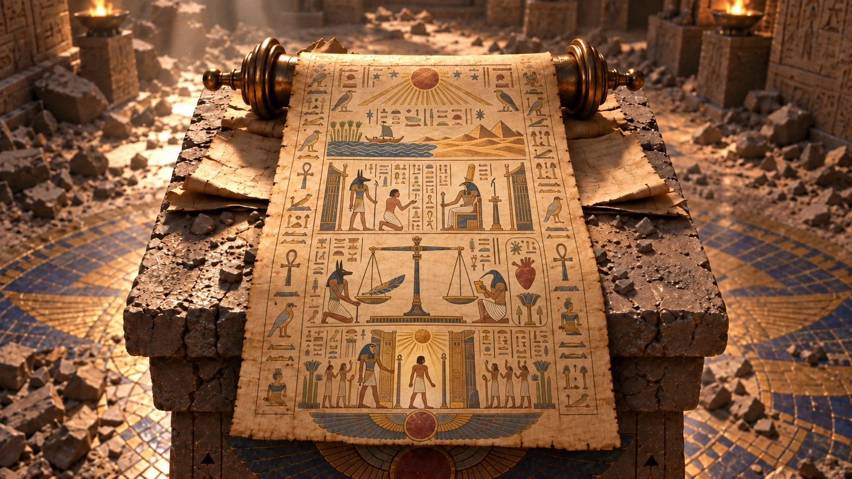 A scroll of ancient Egyptian hieroglyphs and pictorial symbols